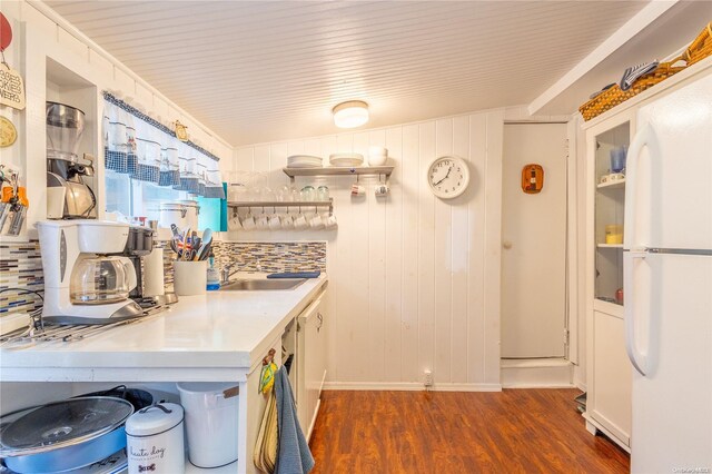 42 Cottage Rd, Baiting Hollow, NY 11933 - kitchen with freestanding refrigerator, dark wood-style flooring, light countertops, open shelves, and baseboards