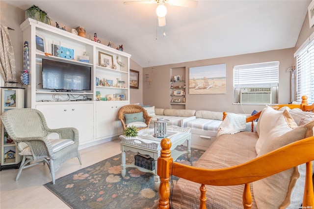 42 Cottage Rd, Baiting Hollow, NY 11933 - living area with cooling unit, ceiling fan, and vaulted ceiling