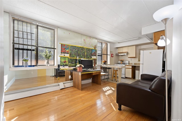 living room with light hardwood / wood-style flooring and a baseboard heating unit