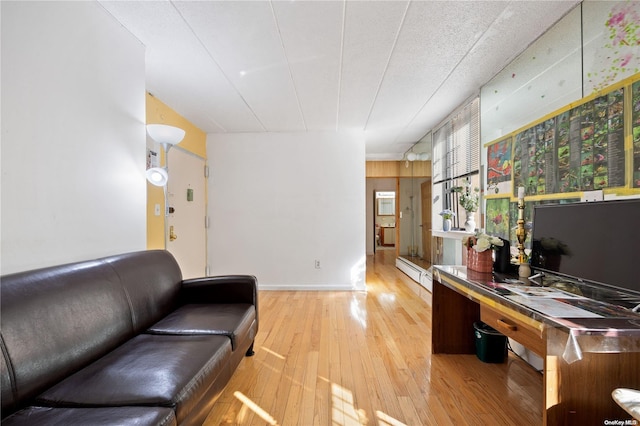 office featuring light wood-type flooring, a textured ceiling, and a baseboard heating unit