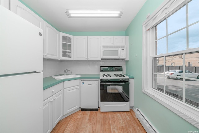 kitchen featuring sink, light hardwood / wood-style flooring, white appliances, decorative backsplash, and white cabinets