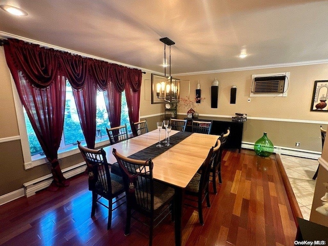 dining space with a wall mounted air conditioner, hardwood / wood-style flooring, crown molding, and a notable chandelier