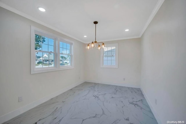 unfurnished dining area featuring ornamental molding and an inviting chandelier