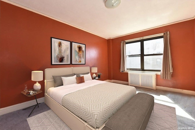 carpeted bedroom featuring radiator heating unit