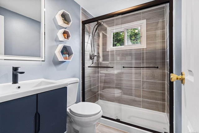 bathroom featuring wood-type flooring, vanity, a shower with shower door, and toilet