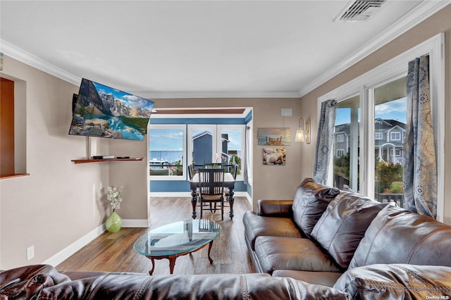 living room with hardwood / wood-style floors and ornamental molding