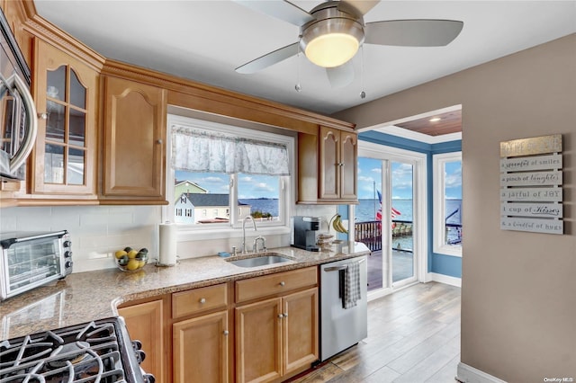 kitchen featuring appliances with stainless steel finishes, tasteful backsplash, sink, a water view, and light hardwood / wood-style flooring