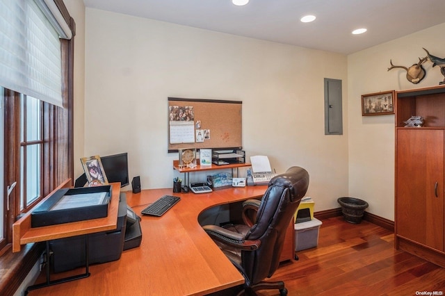 office featuring dark hardwood / wood-style flooring and electric panel