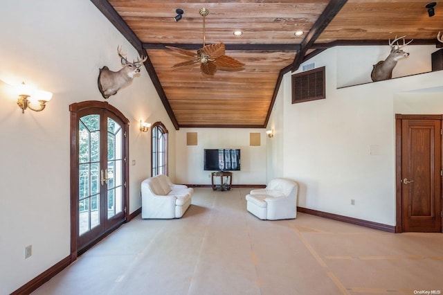 unfurnished room featuring ceiling fan, french doors, high vaulted ceiling, and wood ceiling