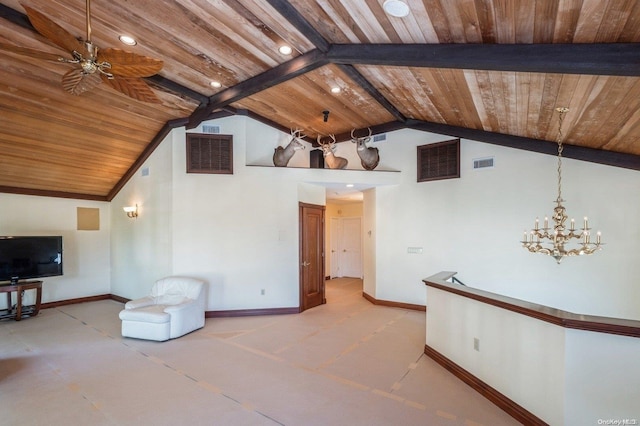 interior space with beam ceiling, ceiling fan with notable chandelier, high vaulted ceiling, and wooden ceiling