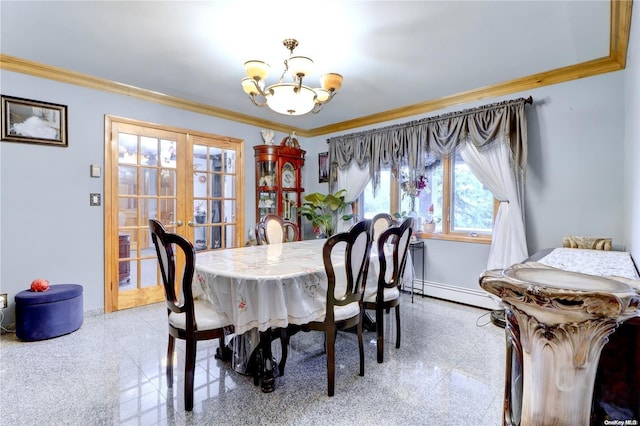 dining space with a chandelier, ornamental molding, a baseboard radiator, and french doors