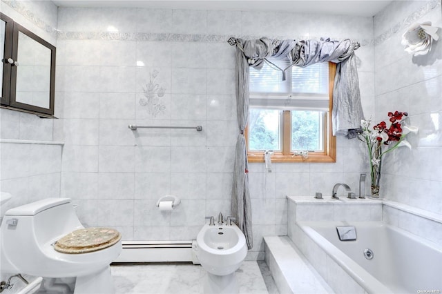 bathroom with a bidet, a relaxing tiled tub, toilet, tile walls, and a baseboard radiator