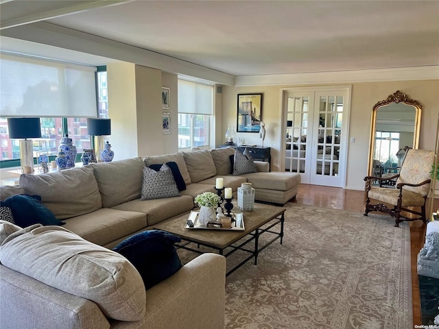 living room with hardwood / wood-style flooring, a healthy amount of sunlight, and french doors