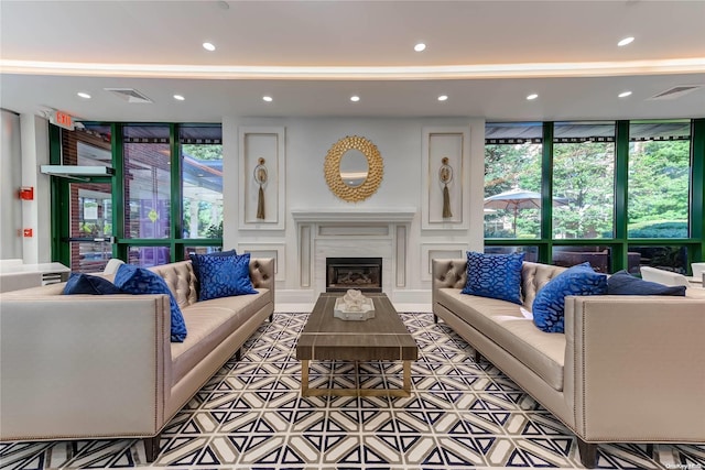 living room with a fireplace