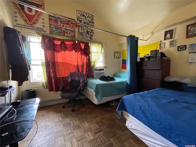 bedroom featuring a baseboard radiator, vaulted ceiling, and parquet floors