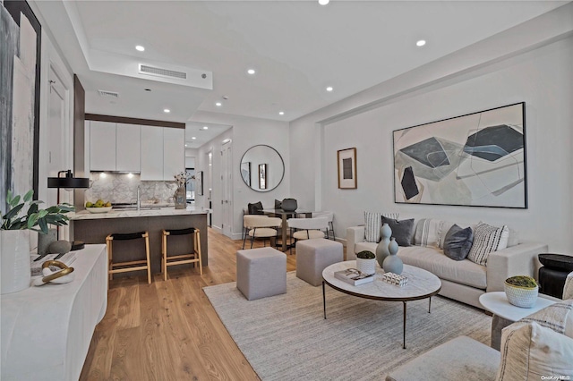 living room with light hardwood / wood-style flooring and sink