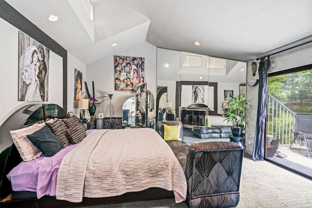 bedroom featuring carpet flooring, access to outside, and vaulted ceiling