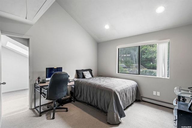 bedroom featuring light carpet, a baseboard heating unit, and lofted ceiling