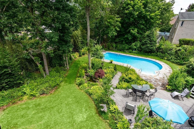 view of swimming pool with a lawn