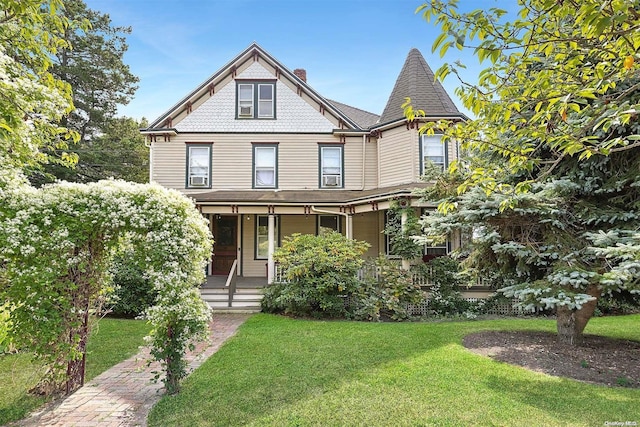 victorian-style house featuring covered porch and a front lawn