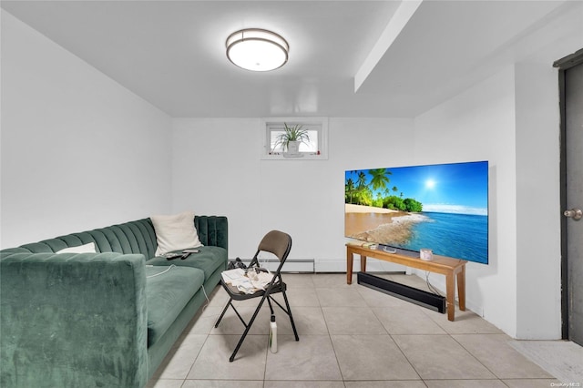 living room with tile patterned flooring