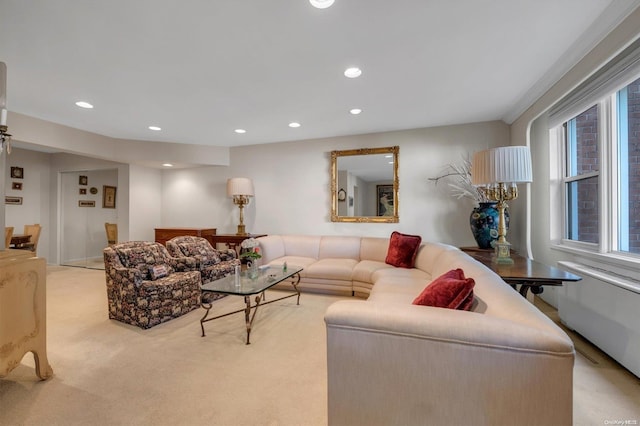 living room with light colored carpet