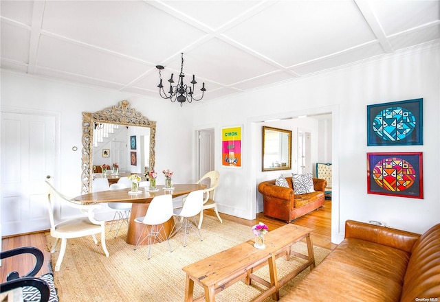 dining space with hardwood / wood-style flooring, a notable chandelier, and coffered ceiling