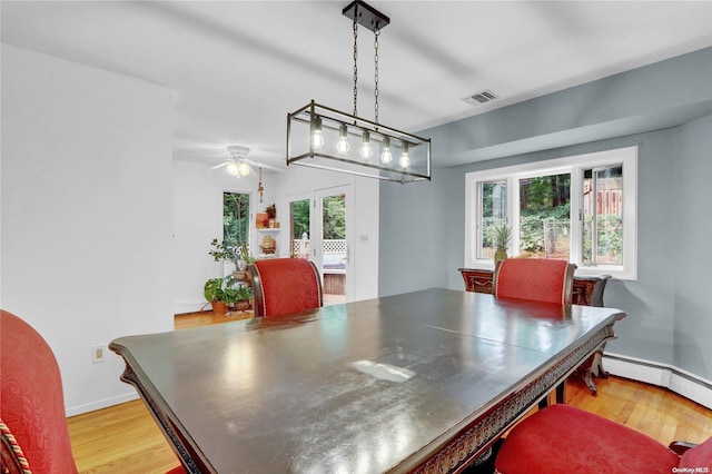 dining area featuring hardwood / wood-style flooring, ceiling fan, baseboard heating, and french doors