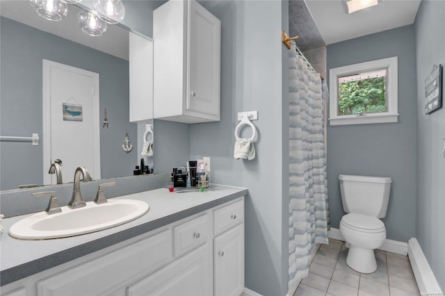 bathroom with tile patterned flooring, vanity, toilet, and a shower with curtain