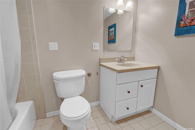 full bathroom featuring tile patterned floors, vanity, shower / tub combo, and toilet