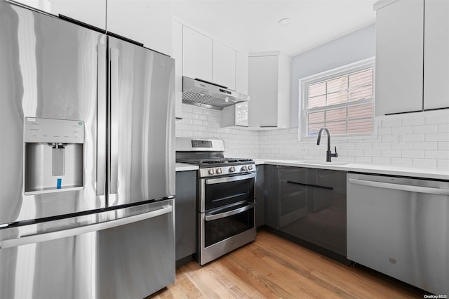 kitchen featuring white cabinetry, sink, light hardwood / wood-style floors, decorative backsplash, and appliances with stainless steel finishes