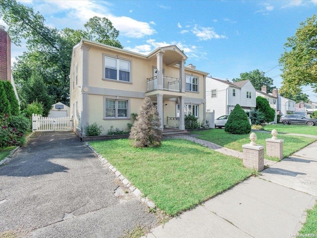 view of front of property featuring a balcony and a front yard