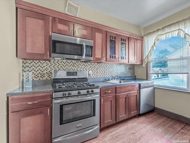 kitchen featuring backsplash, stainless steel appliances, light hardwood / wood-style flooring, and sink