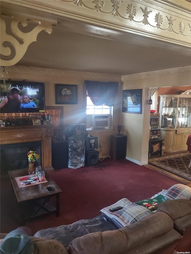 living room featuring carpet, cooling unit, and ornamental molding