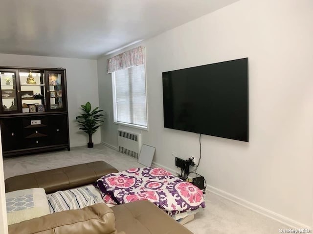 carpeted living room with radiator heating unit