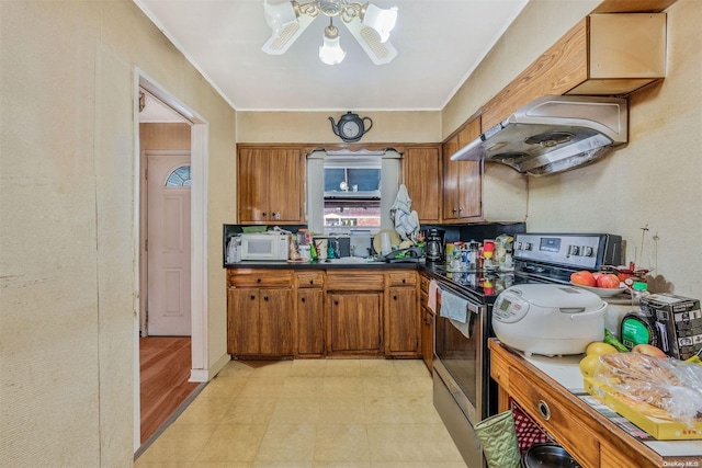 kitchen featuring ventilation hood and stainless steel electric range