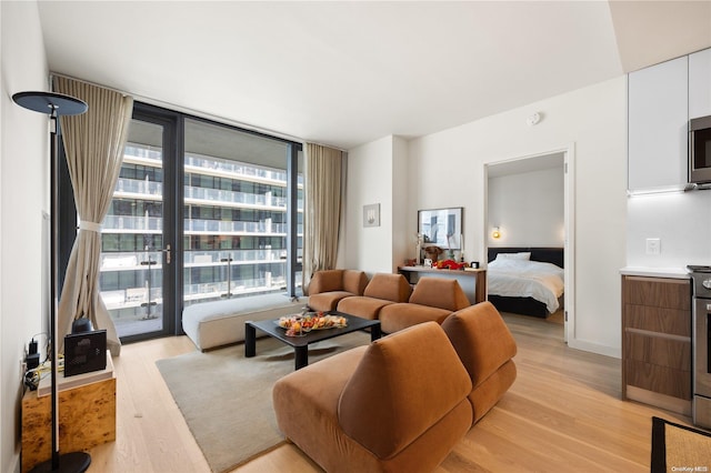 living room with light hardwood / wood-style floors and floor to ceiling windows