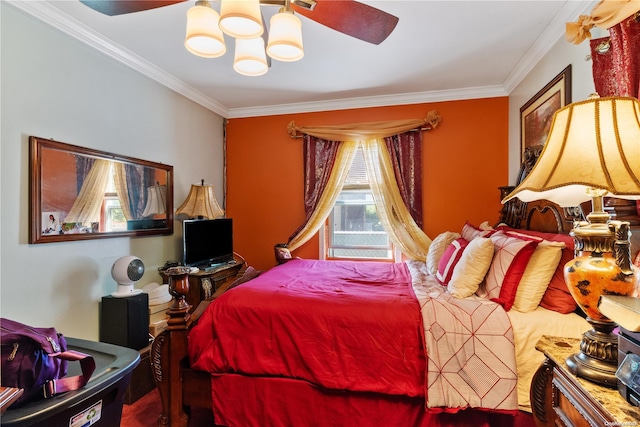 bedroom with crown molding and ceiling fan