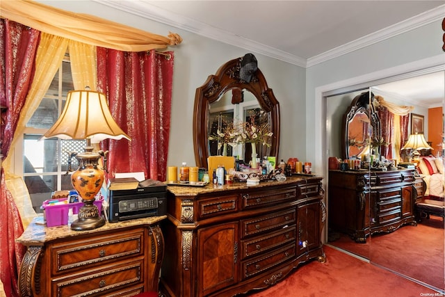 interior details featuring carpet and ornamental molding