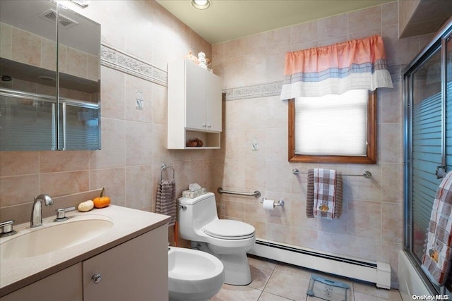 full bathroom featuring tile patterned floors, tile walls, and a baseboard heating unit