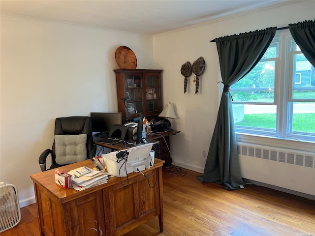 office space with radiator heating unit, light hardwood / wood-style flooring, and crown molding