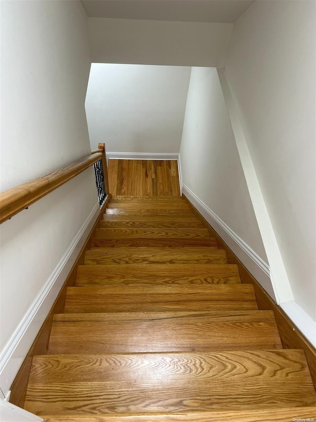 stairway featuring wood-type flooring