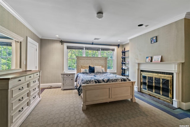 carpeted bedroom with multiple windows and ornamental molding