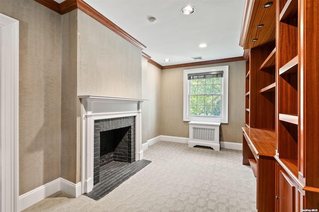 interior space featuring a fireplace, light colored carpet, and ornamental molding