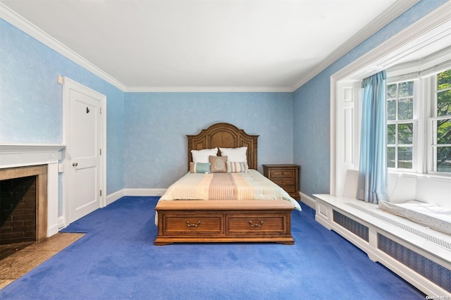 bedroom with dark carpet and ornamental molding