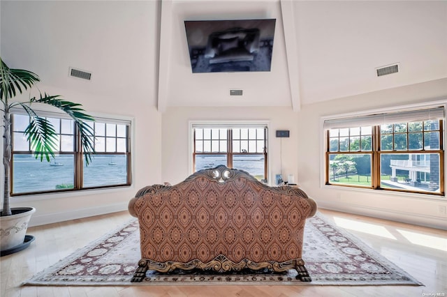 interior space featuring beamed ceiling, light hardwood / wood-style floors, and a healthy amount of sunlight