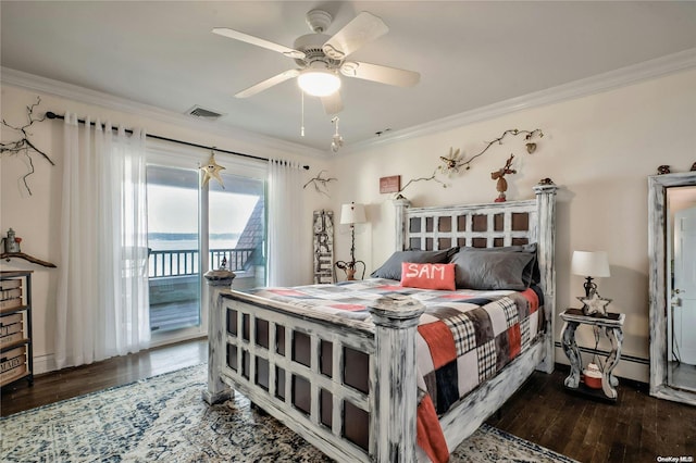 bedroom with access to exterior, ceiling fan, a baseboard heating unit, crown molding, and hardwood / wood-style flooring