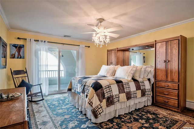 bedroom with ceiling fan, ornamental molding, and access to outside