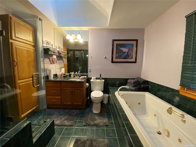 full bathroom featuring vanity, separate shower and tub, a notable chandelier, tile patterned flooring, and toilet