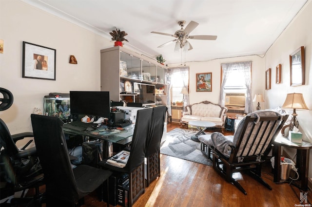 office space with hardwood / wood-style floors, ceiling fan, cooling unit, and crown molding